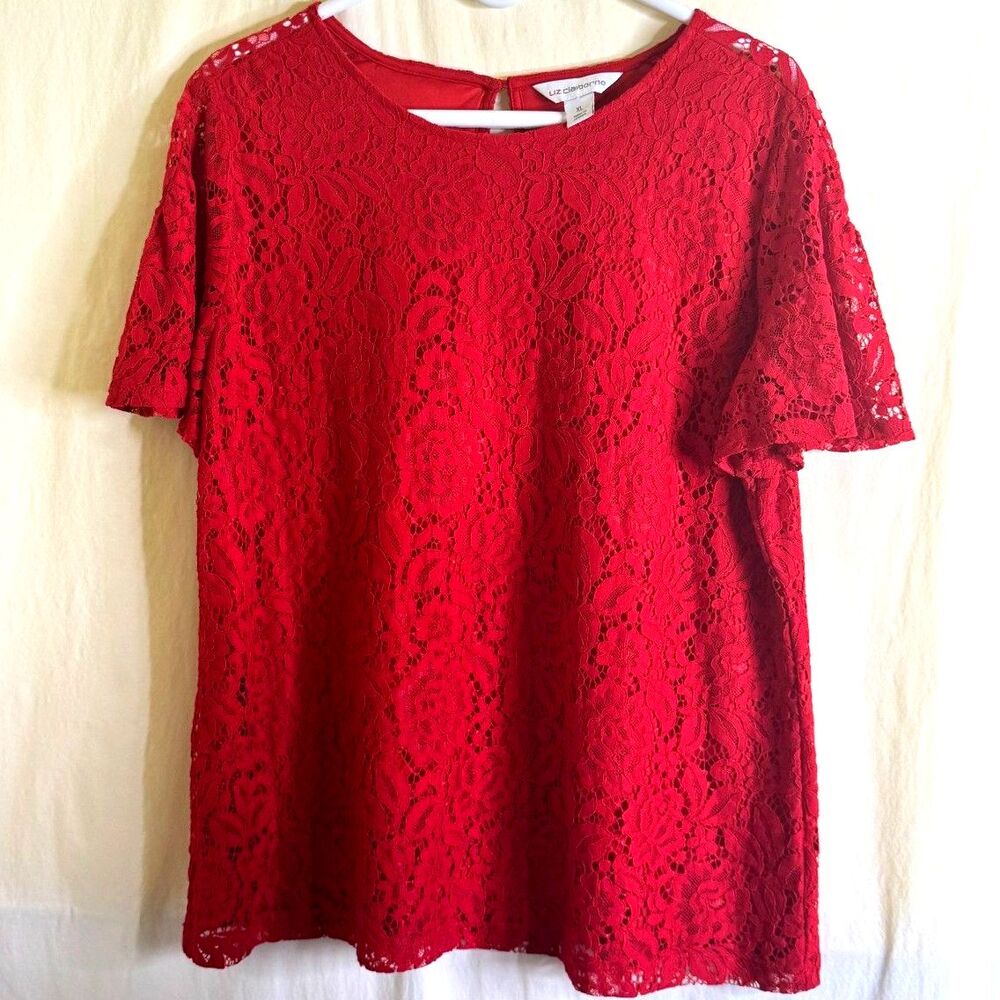Liz Claiborne Short Sleeve Red Floral Lace Women's Blouse Size XL